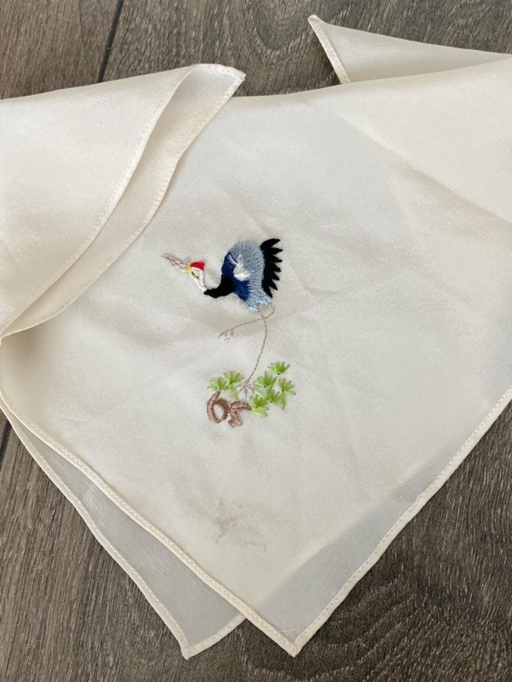Vintage Asian handkerchief embroidered crane  stork bird and leaves! Asia silk